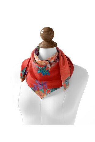 Pomegranate Flower Floral Silk Square Scarf - Thumbnail