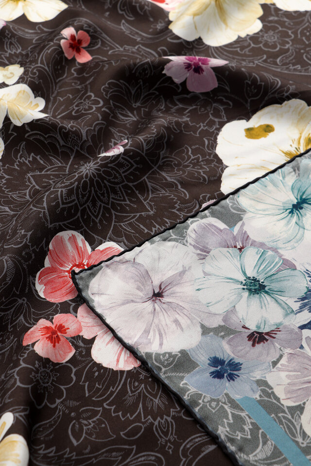 Bitter Coffee Poppy Pattern Double-Sided Twill Silk Scarf - 2