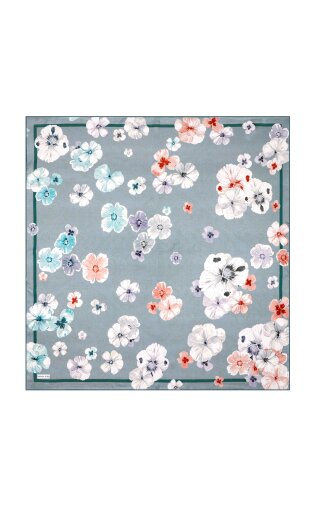 Dusty Blue Poppy Pattern Double-Sided Twill Silk Scarf 