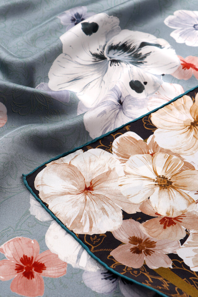 Dusty Blue Poppy Pattern Double-Sided Twill Silk Scarf - 2