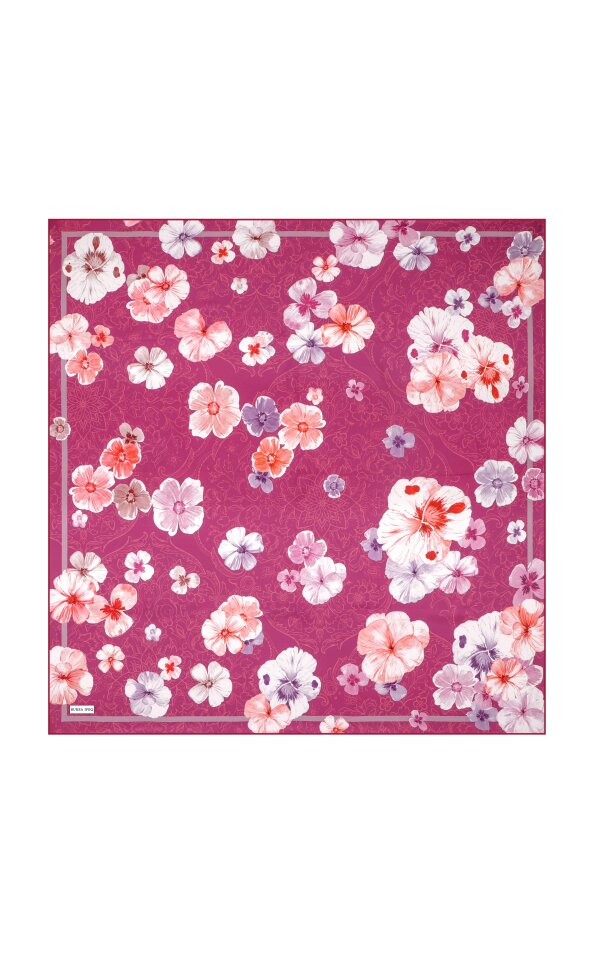 Fuchsia Poppy Pattern Double-Sided Twill Silk Scarf - Bursa İpek