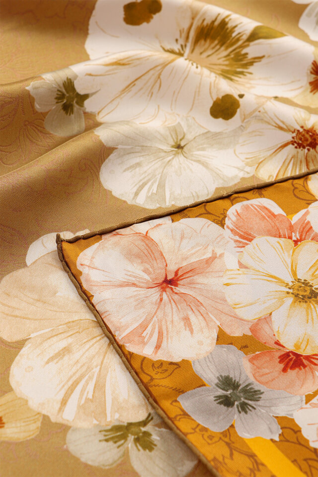 Mustard Poppy Pattern Double-Sided Twill Silk Scarf - 2
