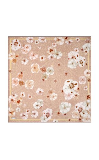 Milky Coffee Poppy Pattern Double-Sided Twill Silk Scarf 