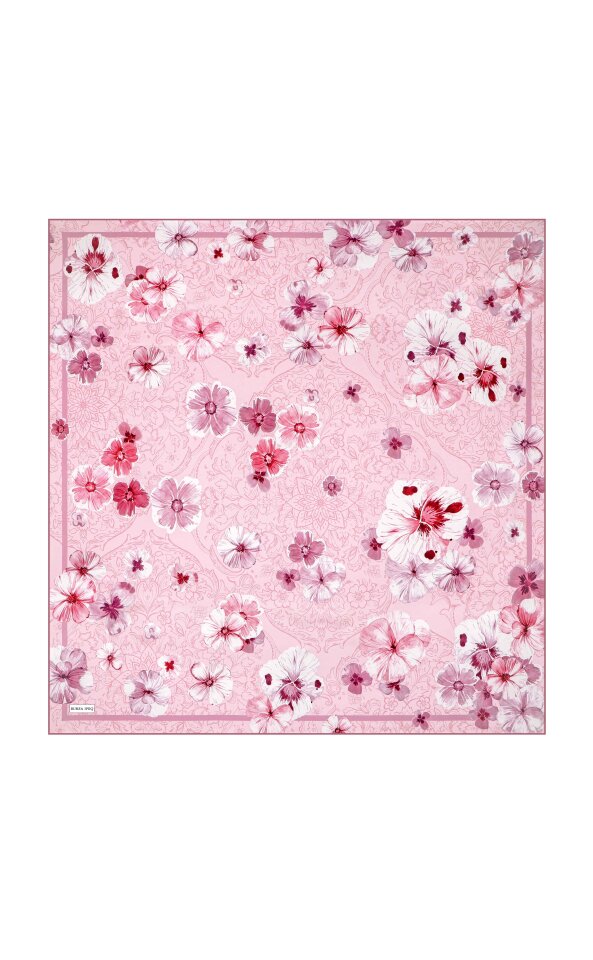 Pink Poppy Pattern Double-Sided Twill Silk Scarf - Bursa İpek