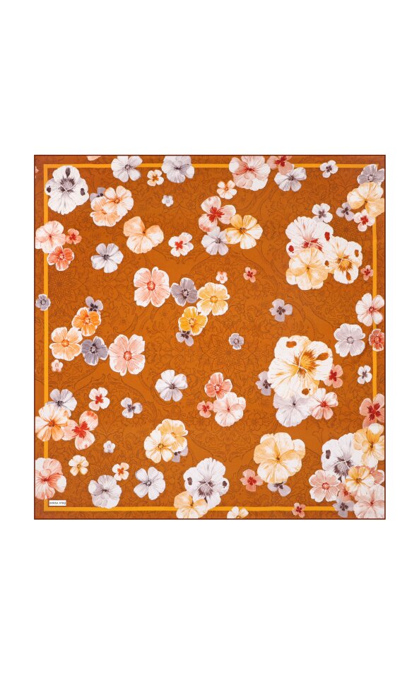 Cinnamon Poppy Pattern Double-Sided Twill Silk Scarf 