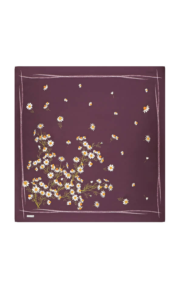 Purple Daisy Pattern Twill Silk Square Scarf - Bursa İpek