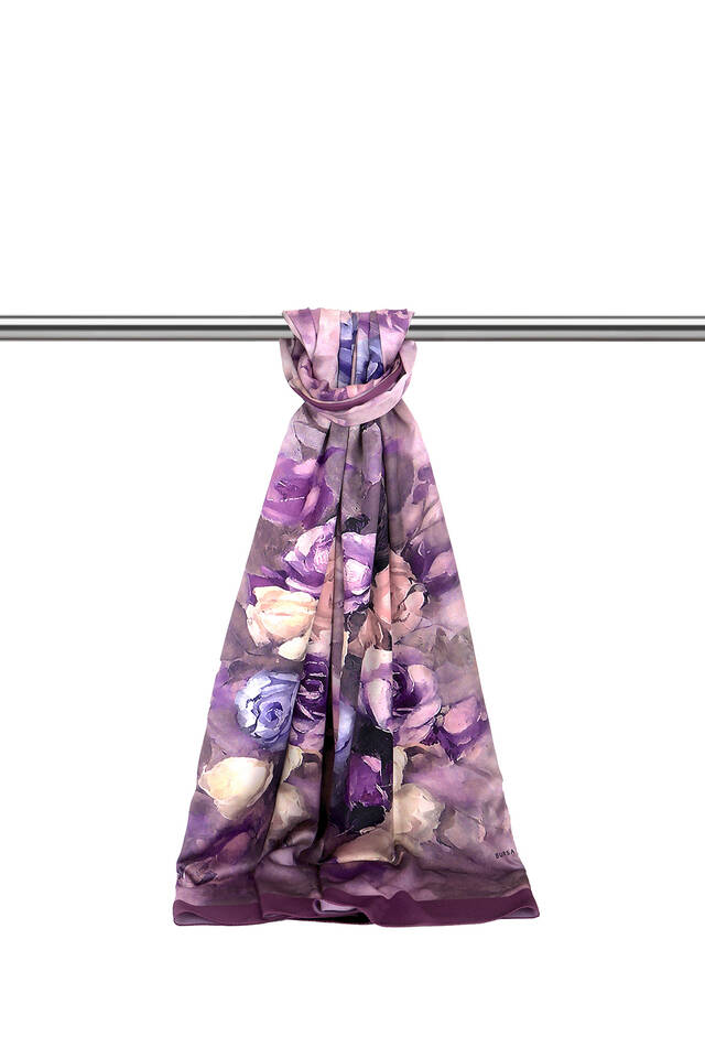 Purple Flower Pattern Silky Scarf - Bursa İpek