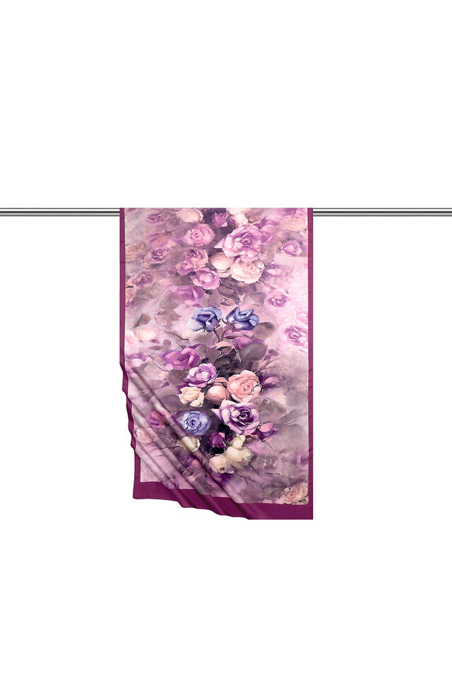 Purple Flower Pattern Silky Scarf - 3