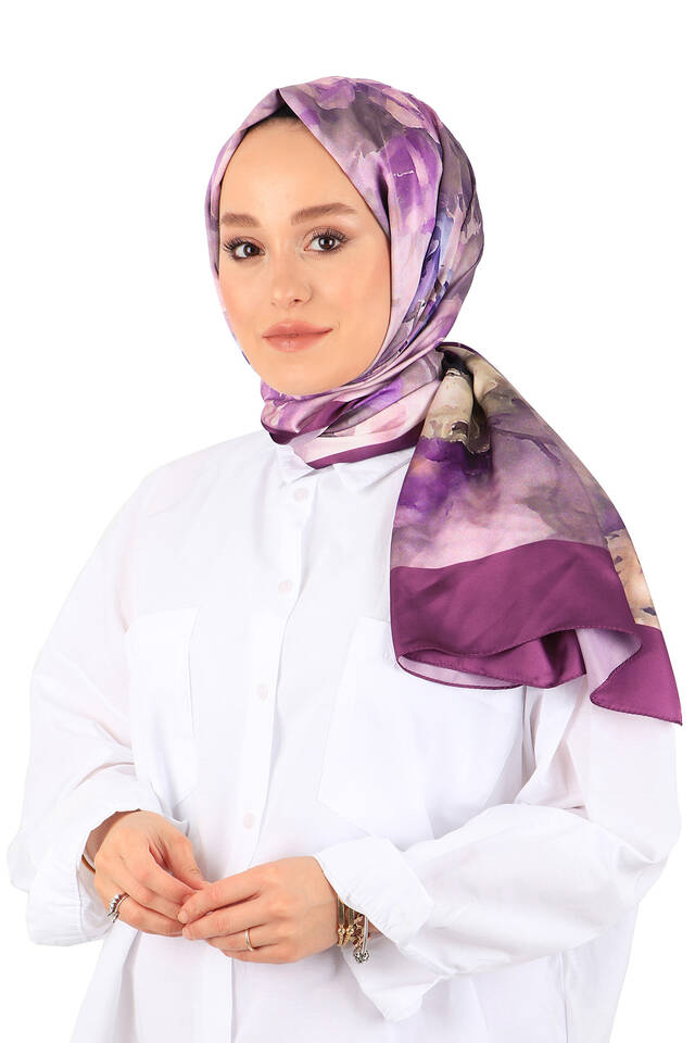 Purple Flower Pattern Silky Scarf - 2