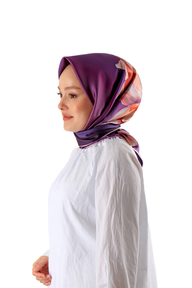 Purple Iris Pattern Twill Silk Square Scarf - Bursa İpek