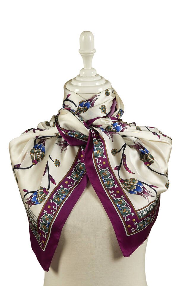 Purple Tulip Pattern Wide Silky Foulard - 2