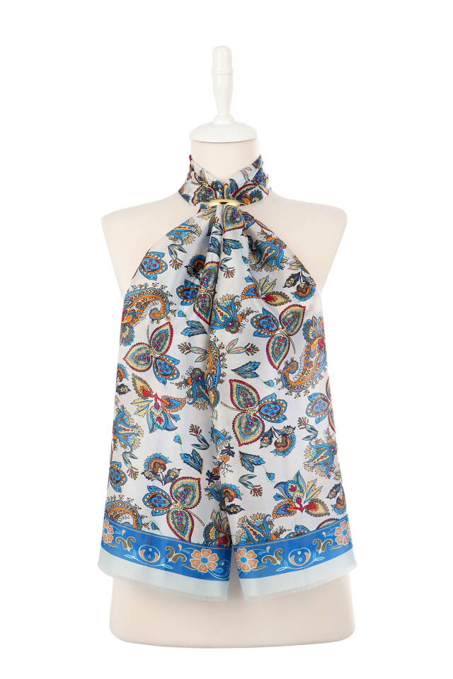 Blue Shawl Pattern Voile Silk Scarf - 2