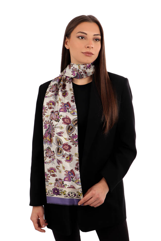 Lilac Shawl Pattern Voile Silk Scarf - Bursa İpek