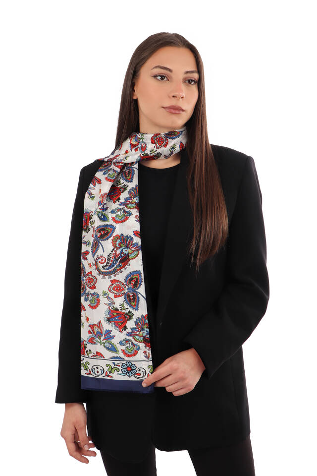 Navy Blue Shawl Pattern Voile Silk Scarf 