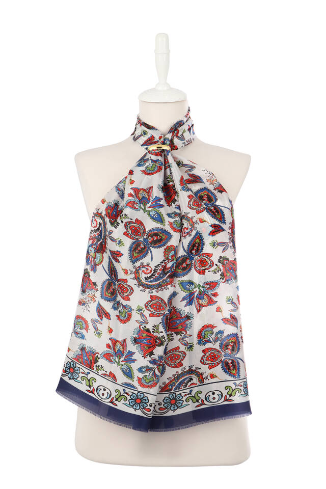 Navy Blue Shawl Pattern Voile Silk Scarf - 2