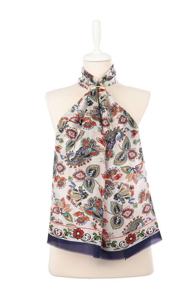 Navy Blue Shawl Pattern Voile Silk Scarf - 2