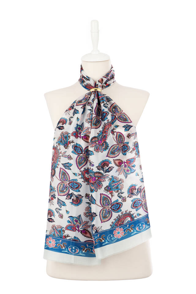 Petrol Blue Shawl Pattern Voile Silk Scarf - 2