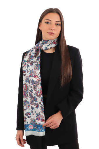 Petrol Blue Shawl Pattern Voile Silk Scarf 