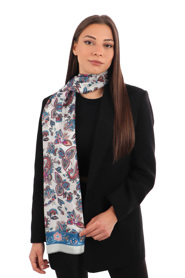 Petrol Blue Shawl Pattern Voile Silk Scarf 