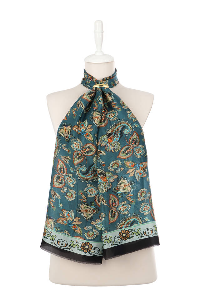 Petrol Green Shawl Pattern Voile Silk Scarf - 2