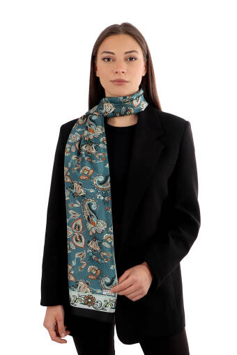 Petrol Green Shawl Pattern Voile Silk Scarf 