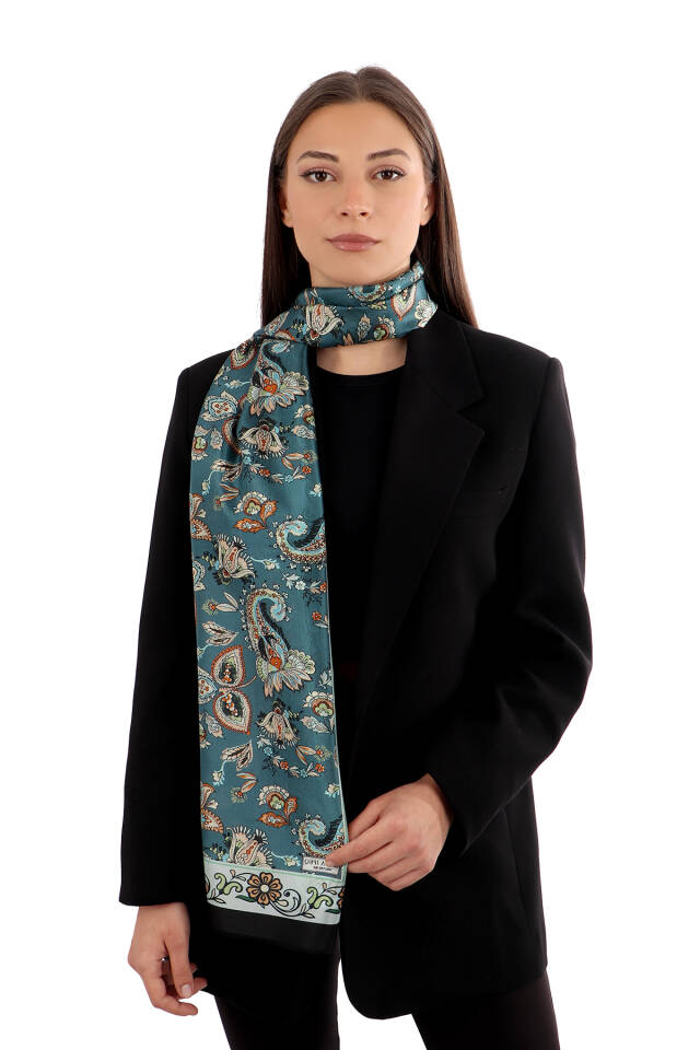 Petrol Green Shawl Pattern Voile Silk Scarf 