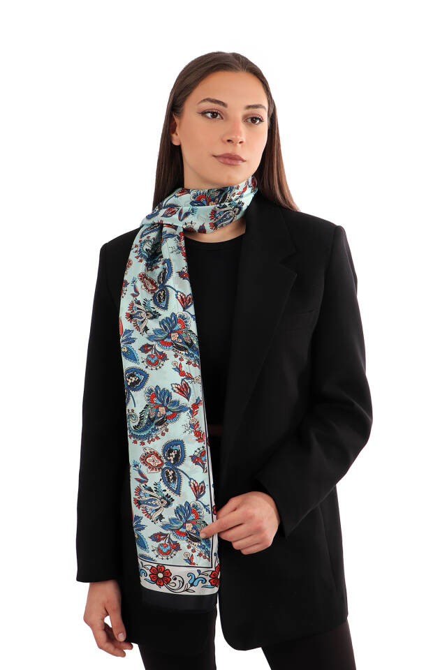 Aqua Green Shawl Pattern Voile Silk Scarf 