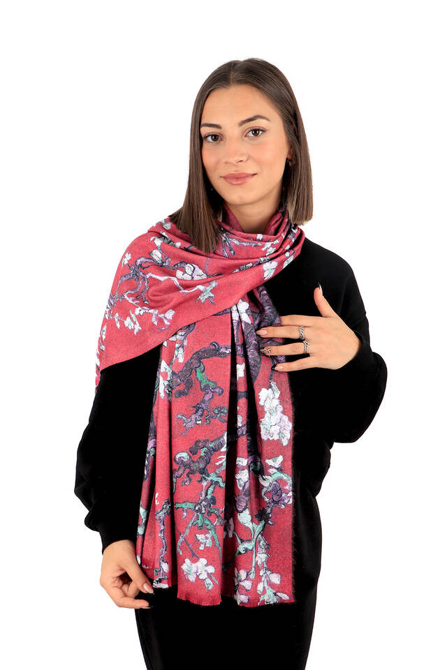 Red Almond Blossom Pattern Winter Shawl - 2