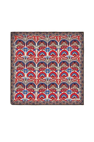 Red Anthracite Peacock Pattern Silk Pocket Square - Thumbnail