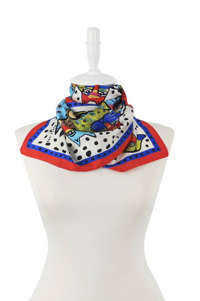 Red Black Patterned Silky Foulard - 2