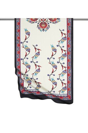 Red Black Row Tulip Pattern Wide Silky Foulard 