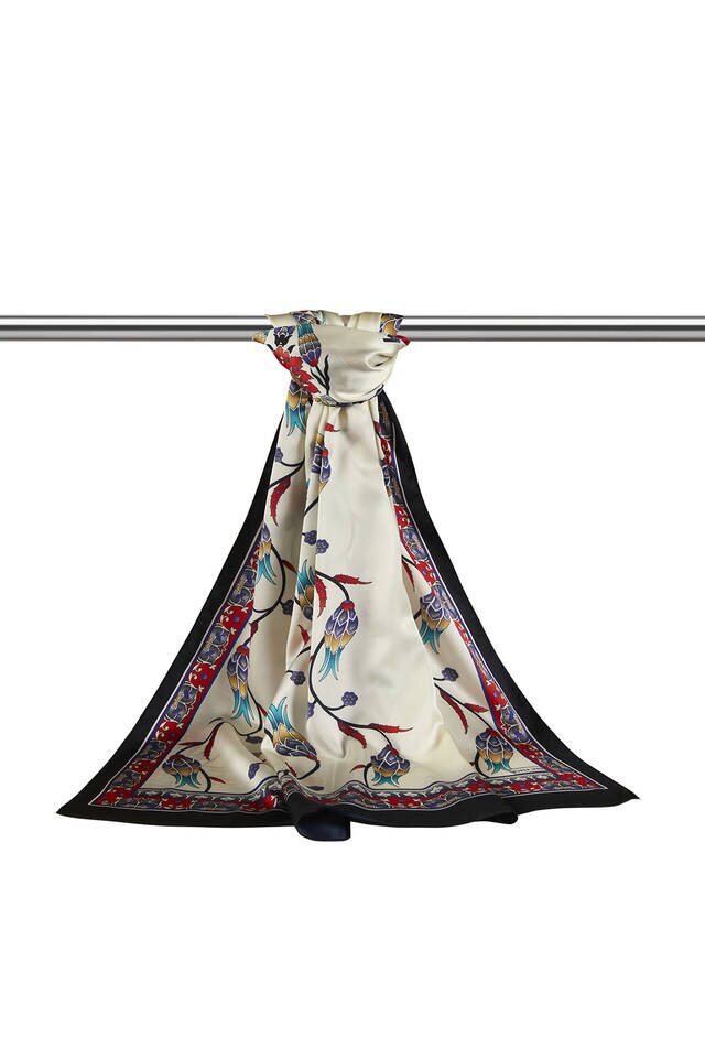 Red Black Row Tulip Pattern Wide Silky Foulard - 3