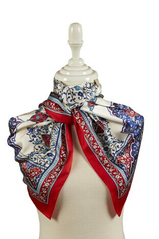 Red Candlestick Pattern Wide Silky Foulard - Thumbnail