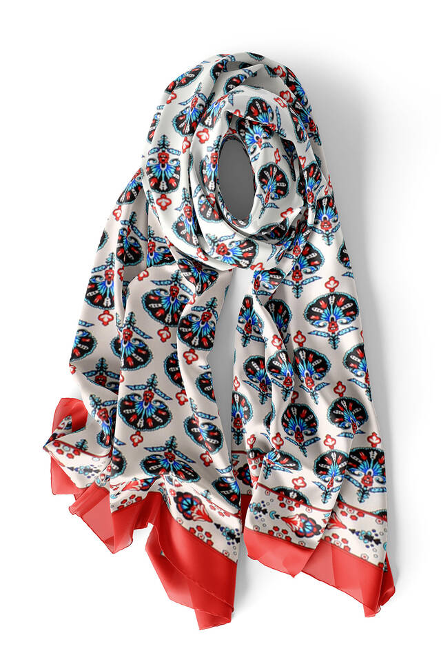 Red Carnation Pattern Silk Foulard - 3
