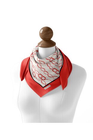 Red Chain Pattern Twill Silk Square Scarf - Thumbnail