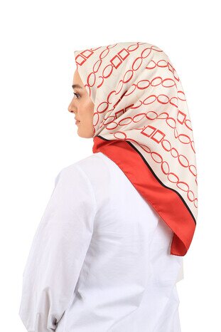 Red Chain Pattern Twill Silk Square Scarf - Thumbnail