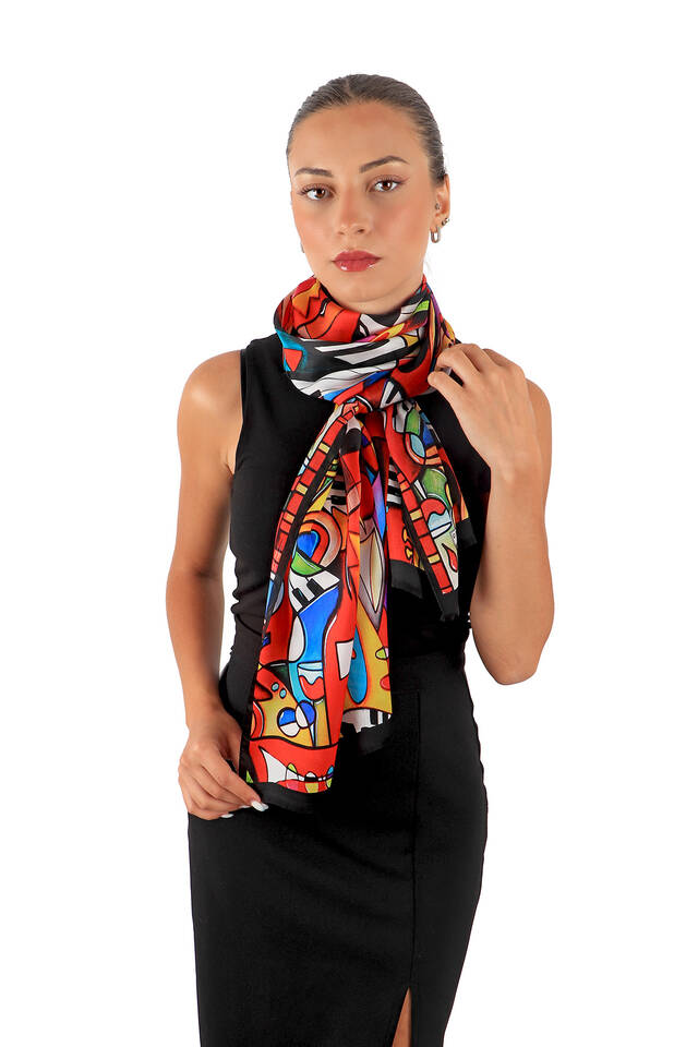 Red Cubik Jazz Silk Painting Foulard - 2
