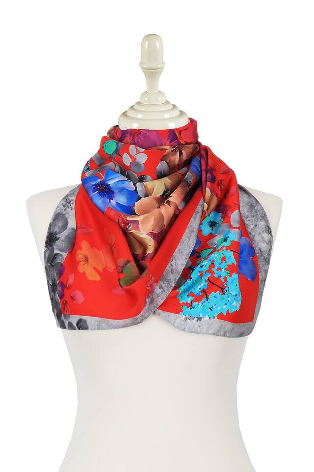 Red Floral Silky Foulard - 2