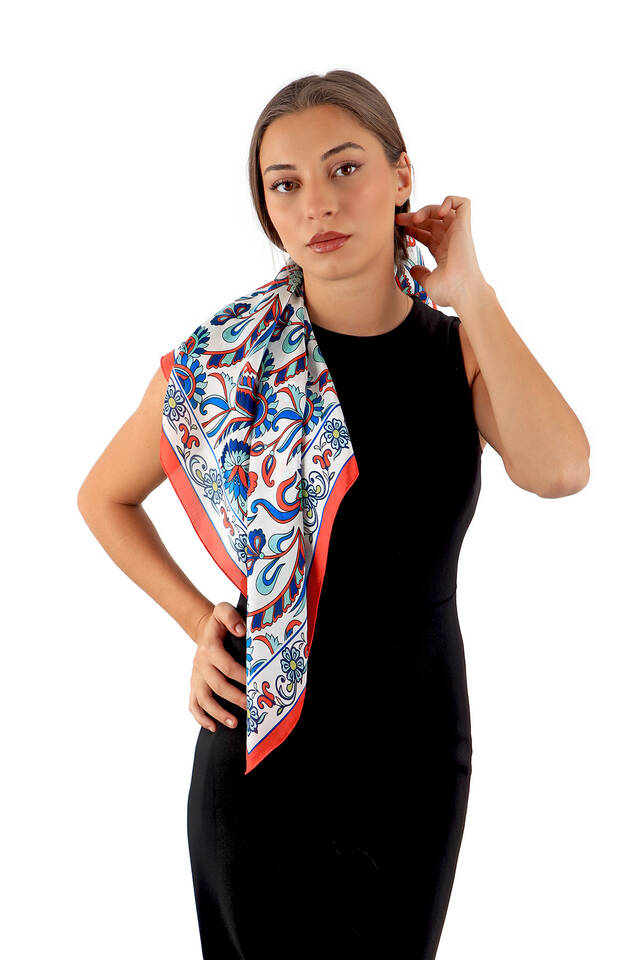 Red Flower Pattern Voile Silk Square Scarf - 3