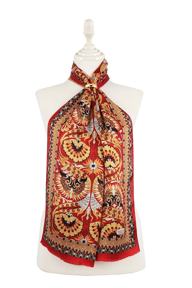 Red Gold Peacock Narrow Silk Foulard - Bursa İpek