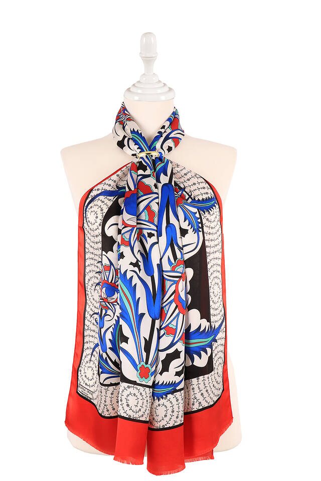 Red Golden Horn Pattern Silk Foulard 