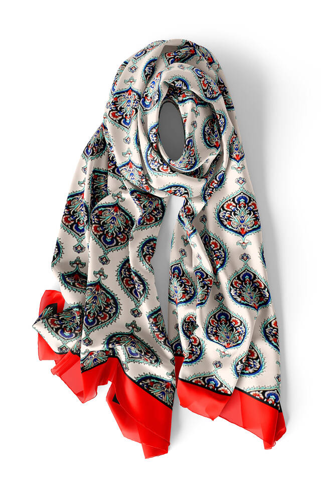 Red Hatai Pattern Silk Foulard - 3