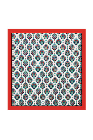 Red Hatai Pattern Silk Square Scarf - Thumbnail