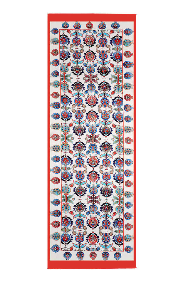 Red Iznik Pattern Silk Foulard - 4