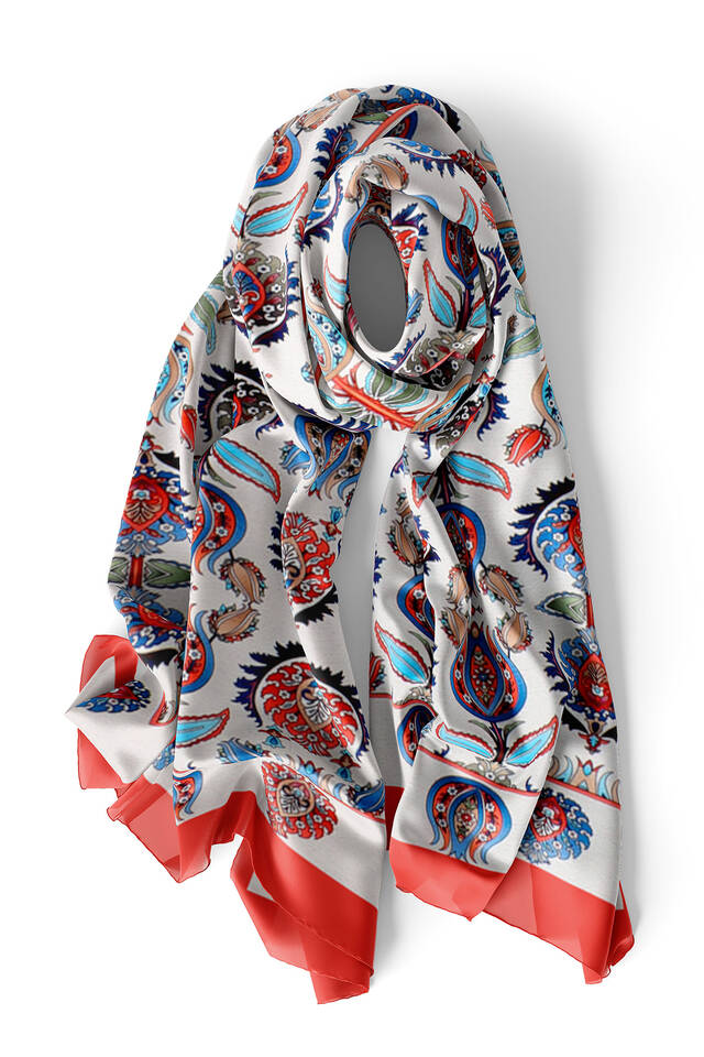 Red Iznik Pattern Silk Foulard - 3