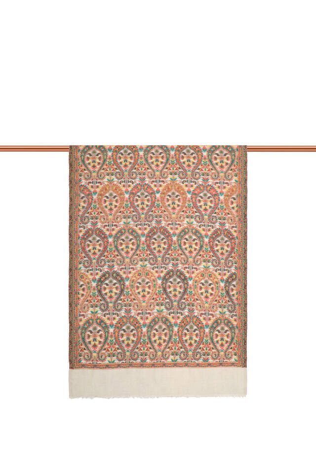 Red Jacquard Patterned Wool Shawl - 3