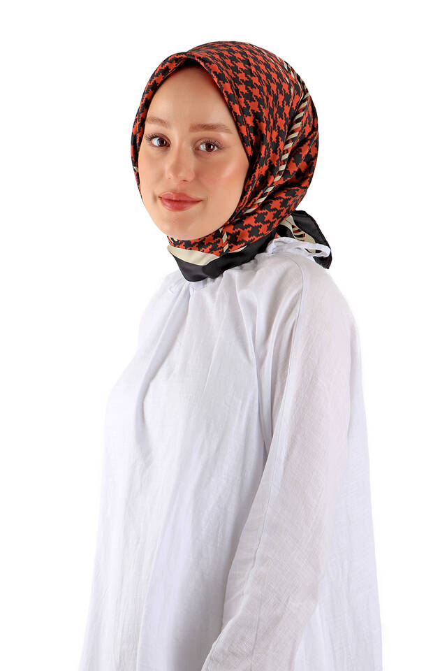Red Line Houndstooth Pattern Twill Silk Square Scarf - 2