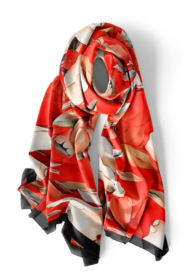 Red Narcissus Pattern Silk Foulard - 4