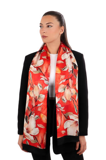 Red Narcissus Pattern Silk Foulard 