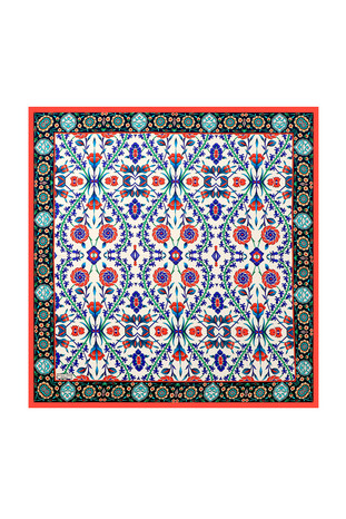 Red Navy Blue Selcuk Pattern Silk Square Scarf - Thumbnail